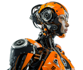 Photo of a female robot portrait on transparent background in the 3D rendering style orange and black color