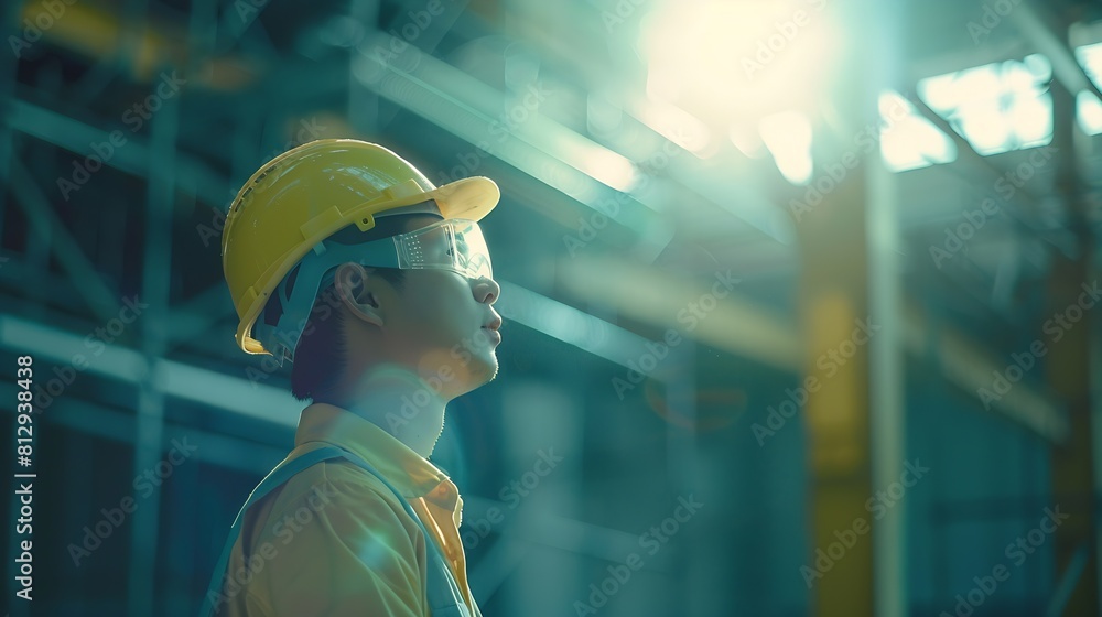 Poster asian contractor and engineer inspecting material in construction building : generative ai