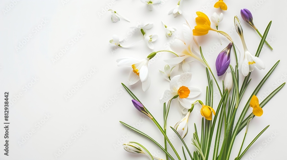Poster Snowdrop and crocus spring first flowers bouquet isolated on white background Hello spring Creative layout Top view flat lay Design element Springtime greeting card Easter holiday conc : Generative AI
