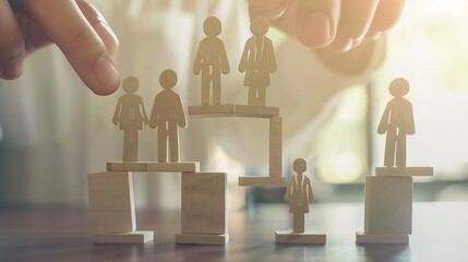 Organizational chart with human resource managers hand placing wooden piece concept about career the ladder of success hiring higher job or position HR organigram professionnal organiz : Generative AI