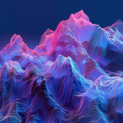 Abstract luxury landscape of digital mountains rising dynamically in shades of neon pink and blue, creating a vivid, powerful scene