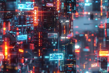 Craft a design featuring a futuristic cityscape with holographic love letters floating in the air