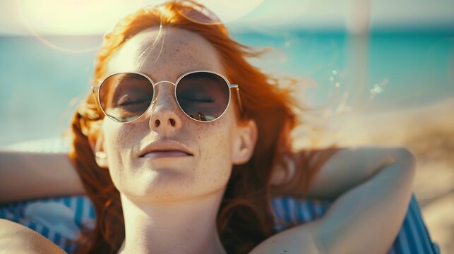 Redhead woman relaxing on summer vacation at beach : Generative AI - Powered by Adobe