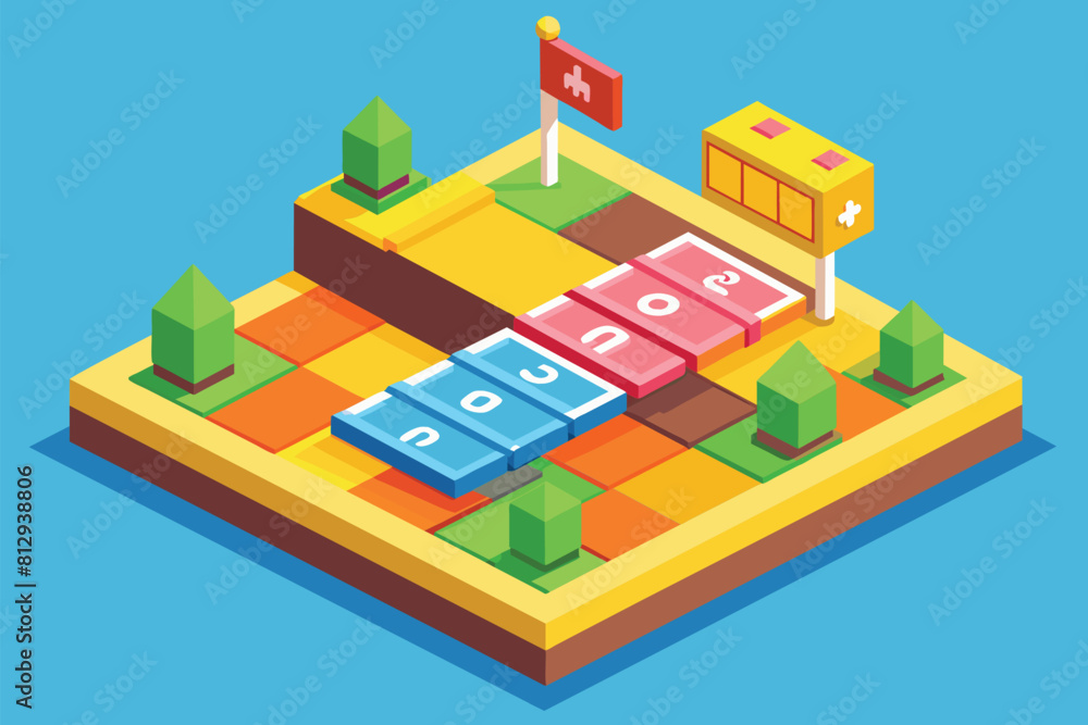 Poster isometric illustration of a map featuring a bus stop in a flat design style, hopscotch customizable 