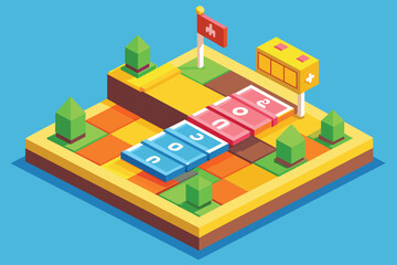 Fototapeta premium Isometric illustration of a map featuring a bus stop in a flat design style, Hopscotch Customizable Isometric Illustration