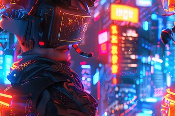 Create a captivating scene showcasing immersive virtual reality interfaces from a top-down perspective, merging vibrant neon colors with anime-inspired digital art