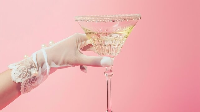 Creative layout with hand in white lace glove  raeching martini cocktail glass with diamonds and pearls on pastel pink background 80s or 90s retro aesthetic fashion concept Romantic dr : Generative AI