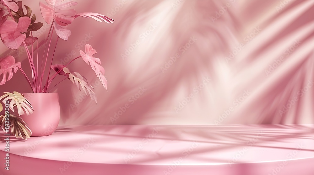 Fototapete Abstract pink color gradient studio background for product presentation Empty room with shadows of window and flowers and palm leaves  3d room with copy space Summer concert Blurred ba : Generative AI