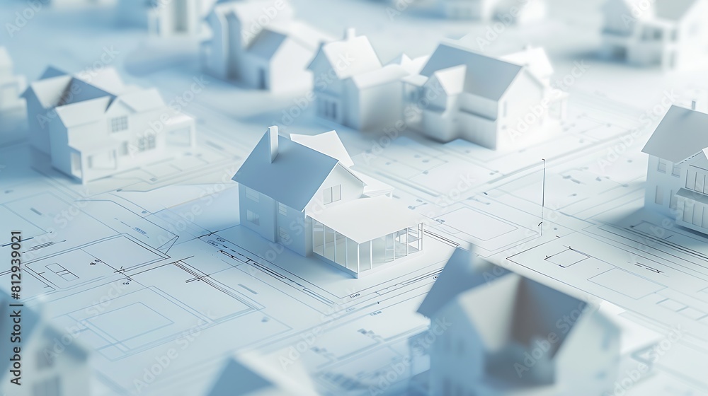 Poster architectural model of houses on blueprint draw isolated on white background banner layout with copy