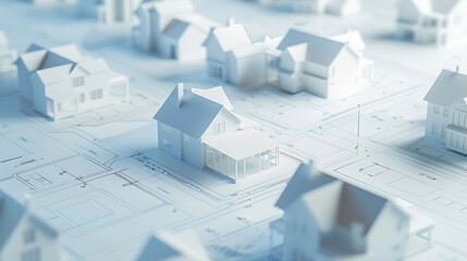 architectural model of houses on blueprint draw isolated on white background banner layout with copy space for building construction plan or real estate sale Image usable for concept o : Generative AI