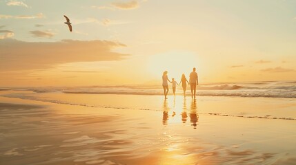 Sunset travel and family holding hands on beach walking on holiday summer vacation and weekend Nature mockup and mother father and children by ocean for bonding adventure and quality t : Generative AI