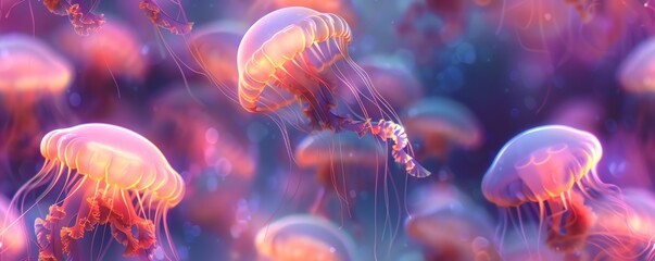 Naklejka premium Dive into a dreamy water world with iridescent jellyfish floating gracefully, capturing their ethereal glow in an oil painting style, emphasizing the play of light and shadows