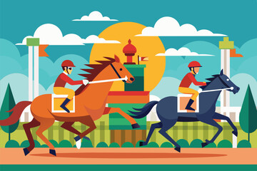 Fototapeta premium Two men riding on the backs of two horses in a horse race, Horse race Customizable Flat Illustration