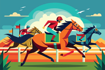 A pair of horses energetically racing side by side on a track, kicking up dirt as they gallop towards the finish line, Horse race Customizable Semi Flat Illustration