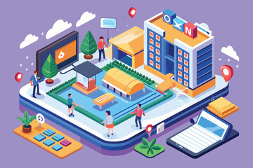 Flat design of a city displayed on a smartphone screen, Hotel booking Customizable Isometric Illustration