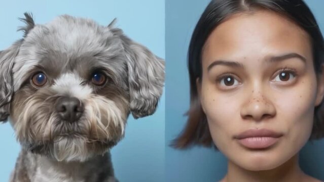 Grey shih tzu with short hair and a brown skin woman with black hair and thin nose
