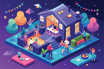 A diverse group of individuals standing together in front of a residential house, House party Customizable Isometric Illustration