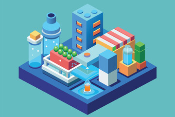 A detailed 3D isometric illustration of a building and various items, Hydratation Customizable Isometric Illustration