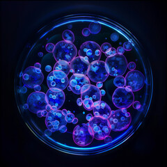 Stem cells dividing, illuminated by cinematic lighting in a petri dish