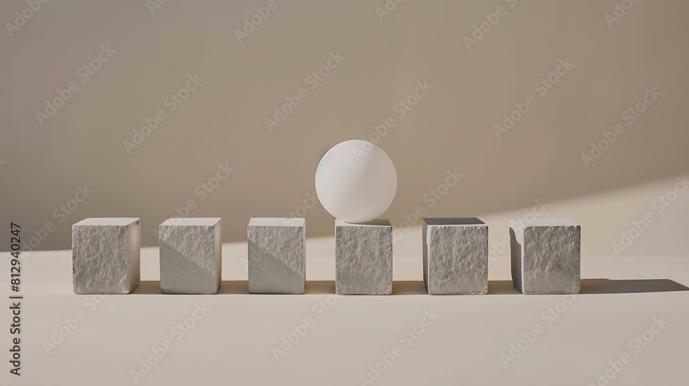 Poster gray stone cubes in row with white sphere between on beige background with copy space minimal abstra