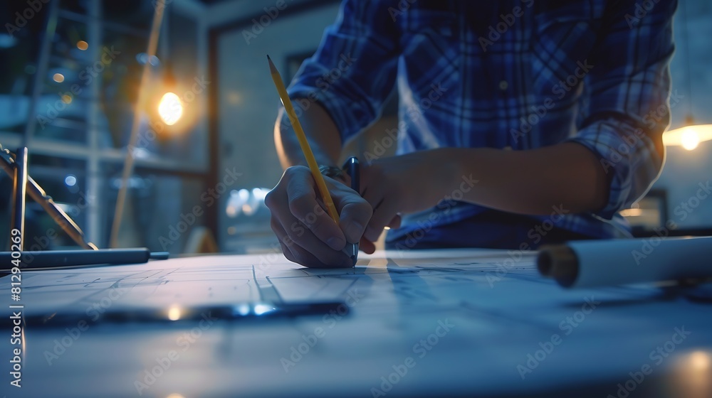 Poster Architect or engineer working on building blueprint contractor designing and drawing blueprint layout with tool for construction project Civil engineer and architecture design concept  : Generative AI
