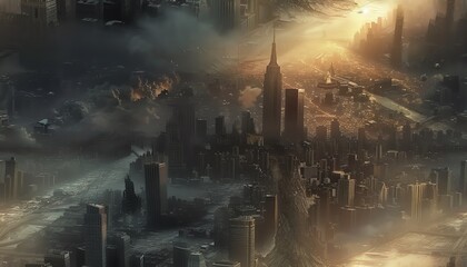 Illustrate a post-apocalyptic world brimming with advanced robotic technology Show a sprawling metropolis from an unexpected, dynamic angle to highlight its grandeur and decay