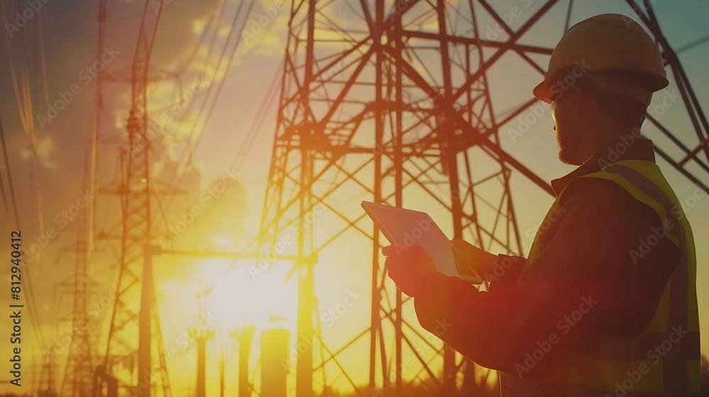 Poster technology concept with high voltage power lines electrical engineer helmet digital tablet sunset po