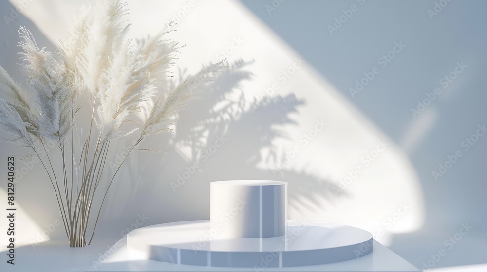 Poster podium for cosmetic product presentation abstract minimal geometrical form cylinder podium with dry 