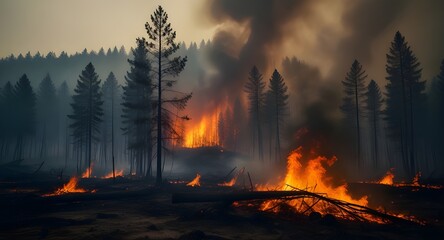 Environmental Disaster Forest fire with trees on fire