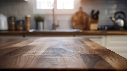 Selective focusWood table top on blur kitchen counter backgroundFor montage product display or design key visual layout : Generative AI