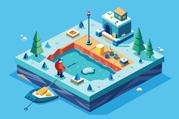 A man standing on an island surrounded by dense trees, Ice fishing Customizable Isometric Illustration