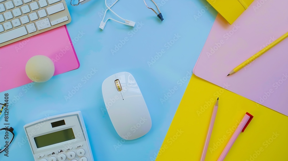 Leinwandbilder office table desk with blank paper sheet calculator paper ball pencil earphone computer mouse and of