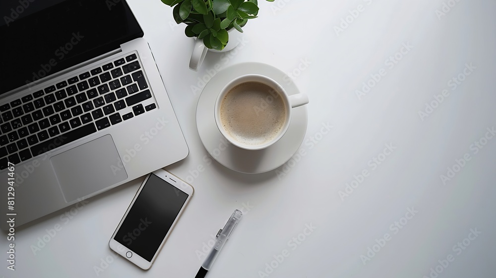 Poster white office desk table with laptop smartphone cup of coffee and supplies top view with copy space f