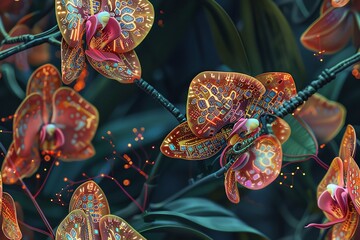Show the intricate circuitry of a cybernetic orchid blooming against a backdrop of lush, biodigital vines in a hyper-realistic watercolor fusion