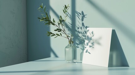 Combination of glass vase and olive branches Sunlight table background White card leaning against blue wall Invitation mockup long shadow : Generative AI