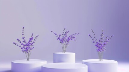Obraz premium Three white podiums with blooming lavender on purple background Abstract scene with minimalist style for product brand presentation Lavender is a famous and popular flower around the w : Generative AI