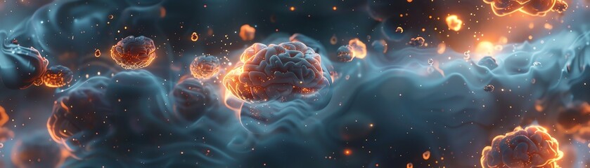 a birds-eye view of a laboratory amidst a storm of swirling brain-shaped clouds, lit by the glow of neurons firing below