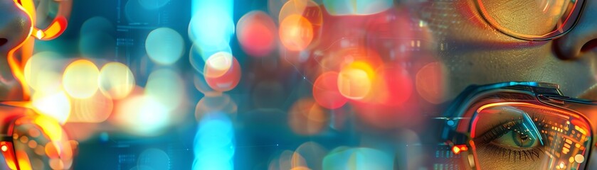 Zoom into the reflection of a cyborg femme fatale in a virtual reality mirror