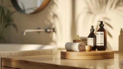 Wooden podium for bathing and spa products in defocused bathroom : Generative AI