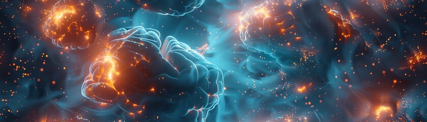 a birds-eye view of a laboratory amidst a storm of swirling brain-shaped clouds, lit by the glow of neurons firing below