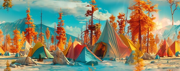 Blend elements of Cubism into a panoramic vista of a wilderness camping site Play with fragmented forms and bold colors from unique, unexpected camera angles