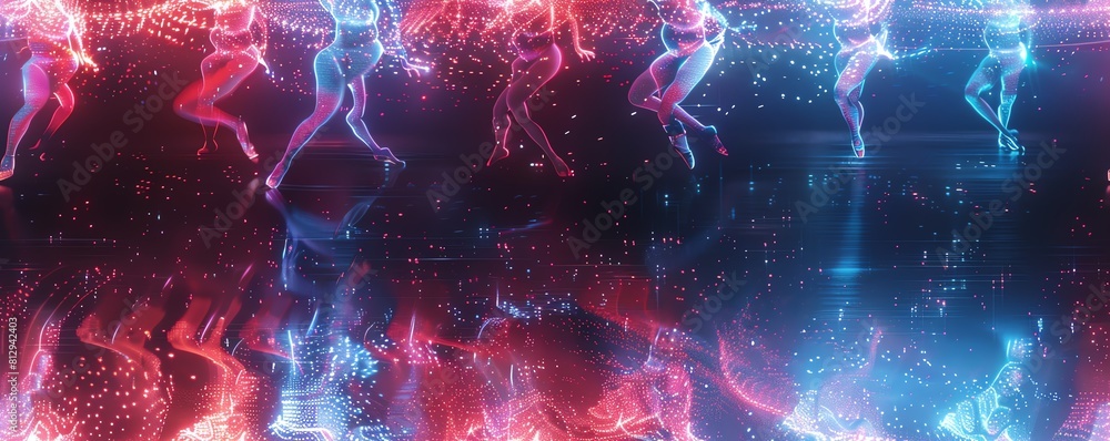 Poster capture a futuristic scene merging advanced holographic tech with fluid ballet moves use unexpected 