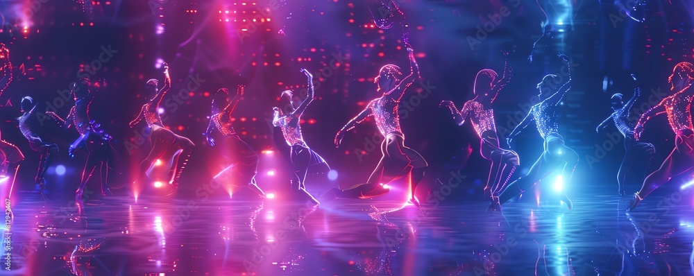 Poster capture a futuristic scene merging advanced holographic tech with fluid ballet moves use unexpected 