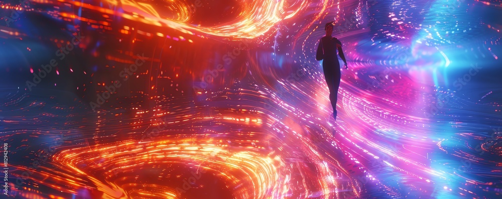 Poster capture a futuristic scene merging advanced holographic tech with fluid ballet moves use unexpected 
