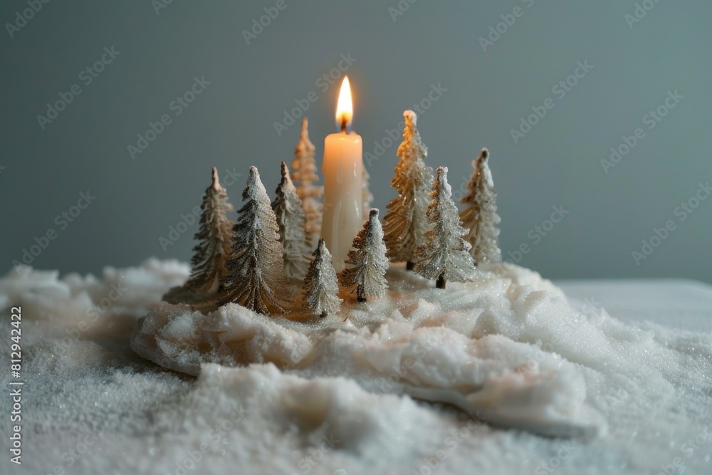 Poster a single lit candle surrounded by small snowdusted trees on a wintry setting