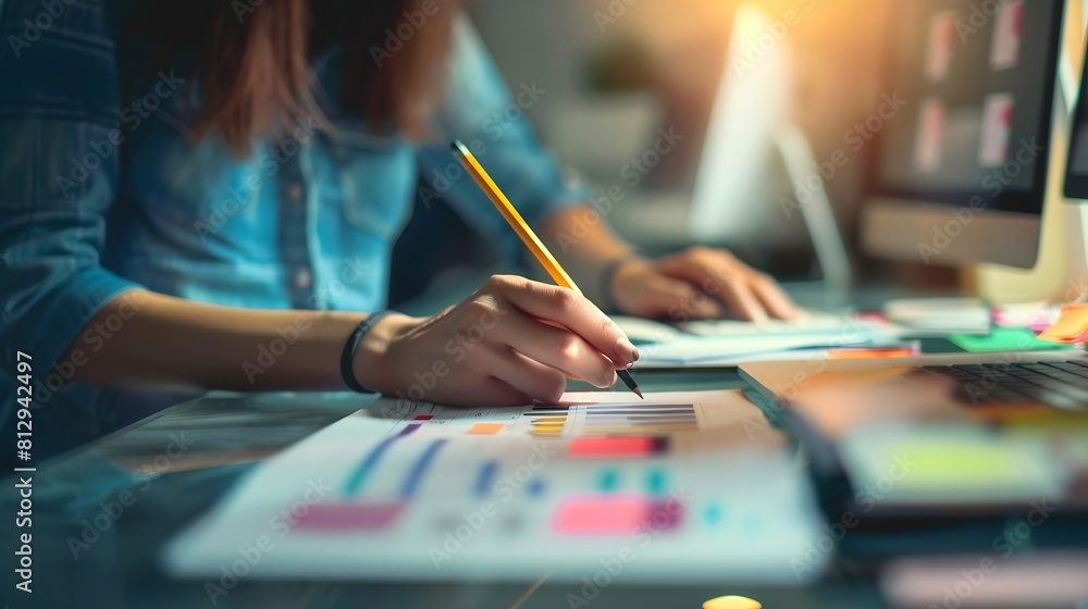 Fototapete Woman designer create website design wireframe Sketch prototype framework layout future design project UI and UX  user interface user experience designer Creative concept for web desig : Generative AI