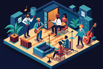 Jazz band playing various instruments in a room filled with music and energy, Jazz band Customizable Isometric Illustration