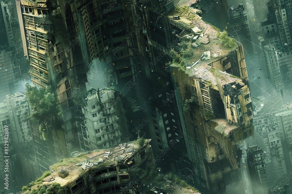 Poster capture the essence of a post-apocalyptic city through a unique blend of photorealistic textures and