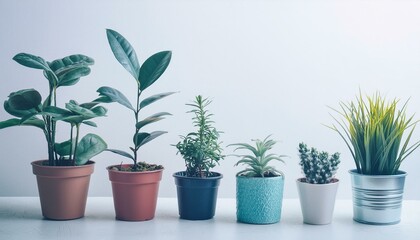 collection of ornamental plants in pots on white background