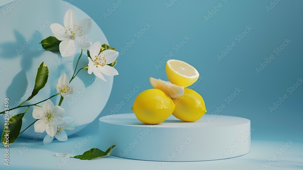 Poster blue background with fresh lemons white flower and round podium blank space for display product of l